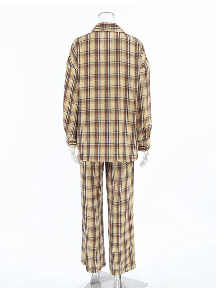 Marthaqiqi Plaid Female Sleepwear Set Long Sleeve Nightgowns Turn-Down Collar Pajamas Pants Casual Women Nightwear 2 Piece Suits