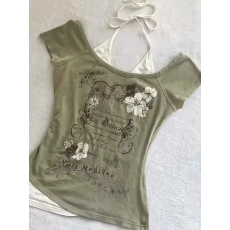 تي شيرت هاراجوكو عتيق برقبة على شكل V بدون ظهر تي شيرت نسائي صيفي غير رسمي من الجرونج تي شيرت نسائي مرقع Y2k تي شيرت قصير ثقافة فرعية أنيق #6