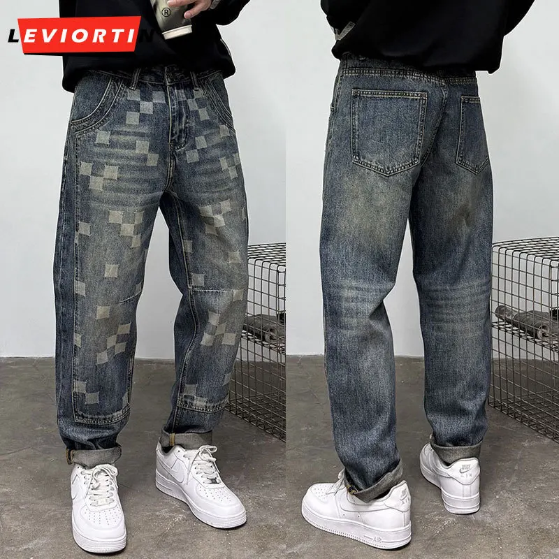 Men's Spliced Design Checkered Jacquard Jeans  Relaxed Fit High Street Fashion Casual Pants, All-Match Daily Wear Denim Trousers