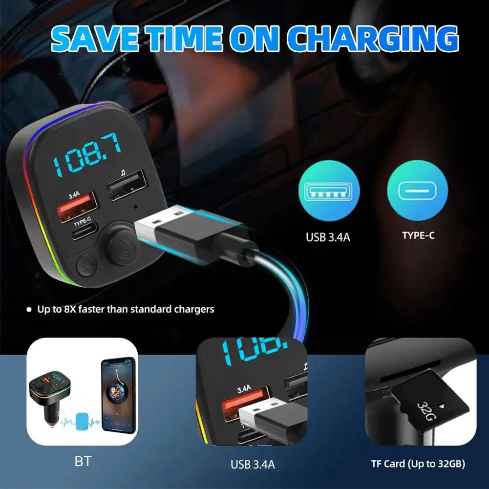 

Car FM Transmitter Bluetooth 5.0 Handsfree With Type-C 3.4A Dual lighter FM Ambient Cigarette Fast Light USB Charger Modula X9N1