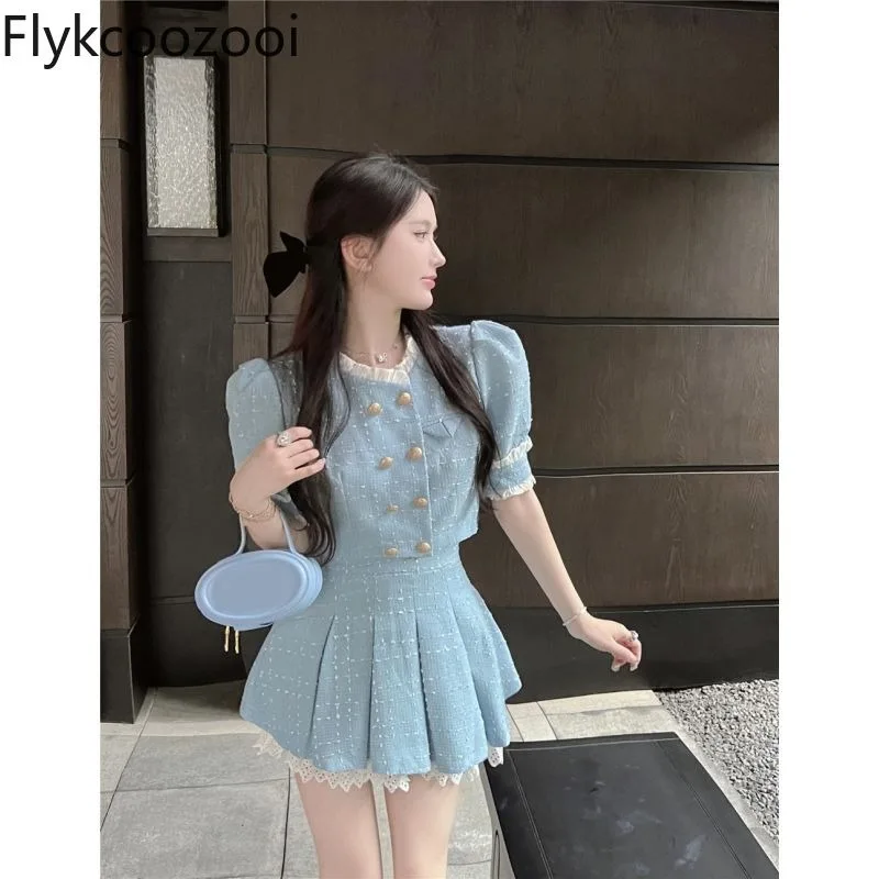

Celebrity Premium Set Double Breasted Lace Patchwork Shirt Women High-waisted Pleated Skirt Summer Party Exquisite Two Pieces