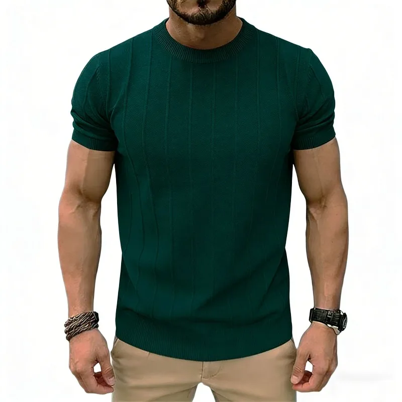 Summer Plus-size Cross-border Fashion Short-sleeved Knitted Sweater, T-shirt, Men's Striped Texture