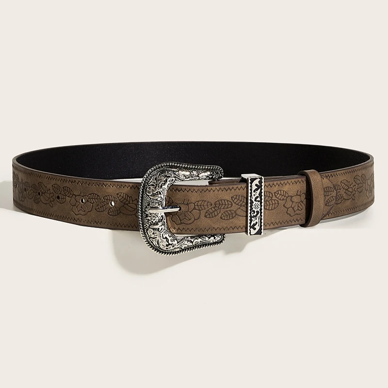 1pc Western Cowgirl Boho Universal pattern antique buckle printed belt Fashion trend Universal belt women's daily use