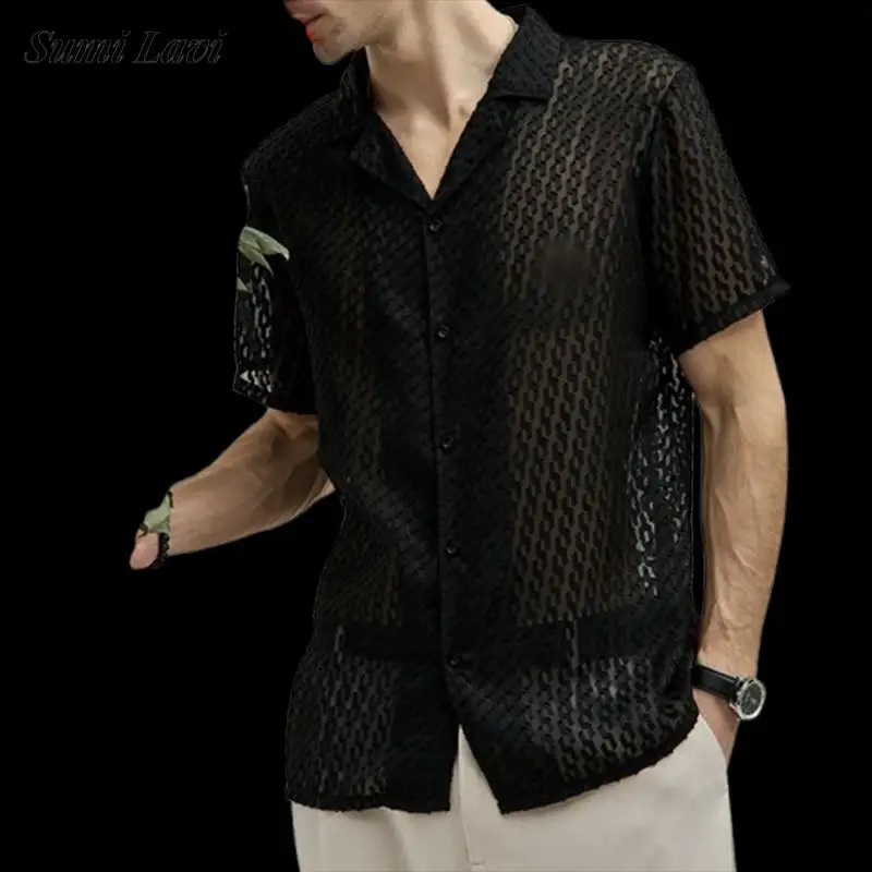 Chemise tricotée respirante pour homme, style décontracté quotidien, ajourée, couleur unie, cardigan tendance d'été, coupe ample, chemise à manches courtes pour les loisirs