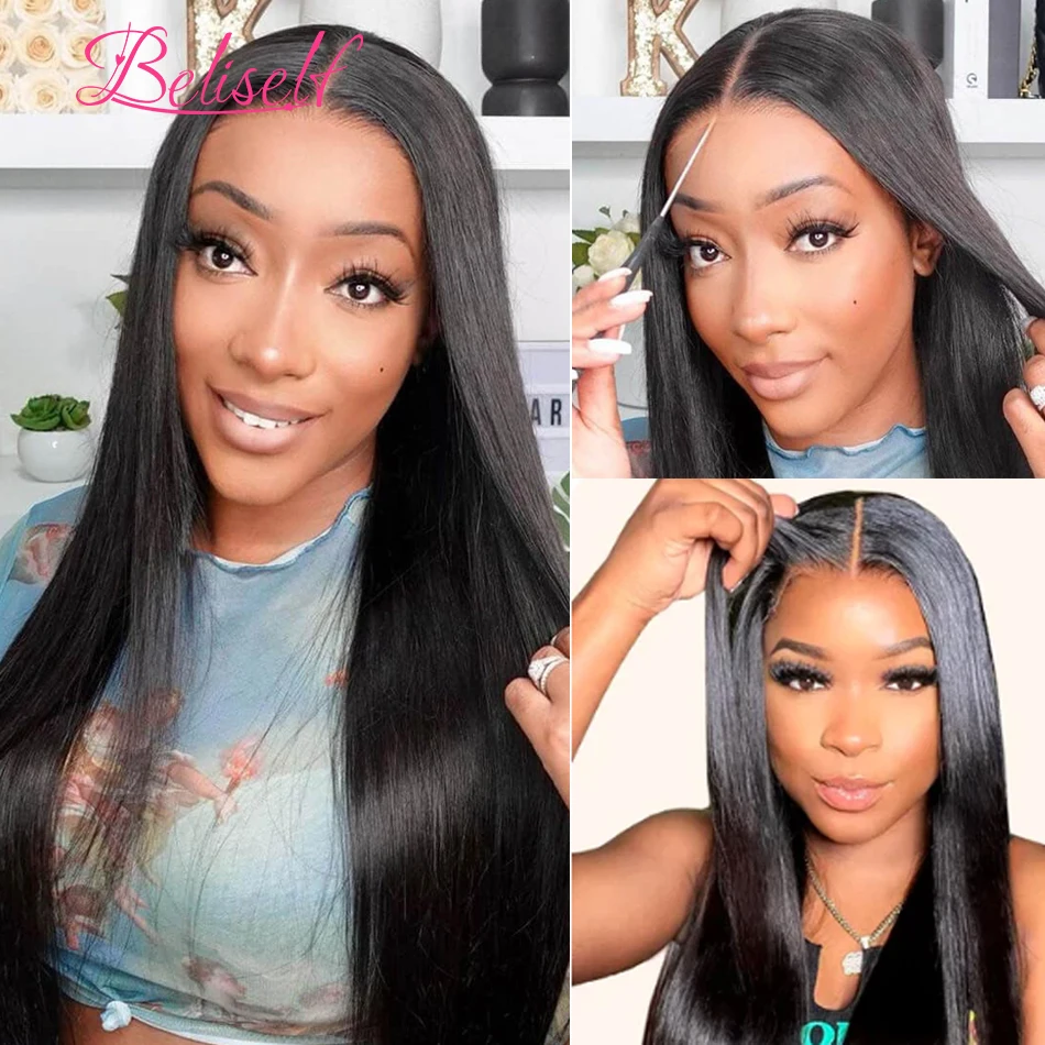 Perruque Lace Closure Wig sans colle naturelle, cheveux humains, pre-plucked, lisse, HD, 5x5, prêt à porter