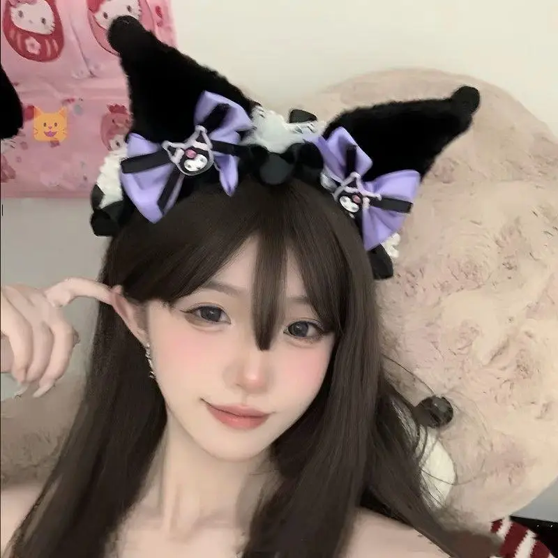 Sanrio Kuromi Hair Band Kawaii Anime Y2K Spicy Girl Demon Hair Accessories Simulation Plush Ear Headwear Lolita Cosplay Prop