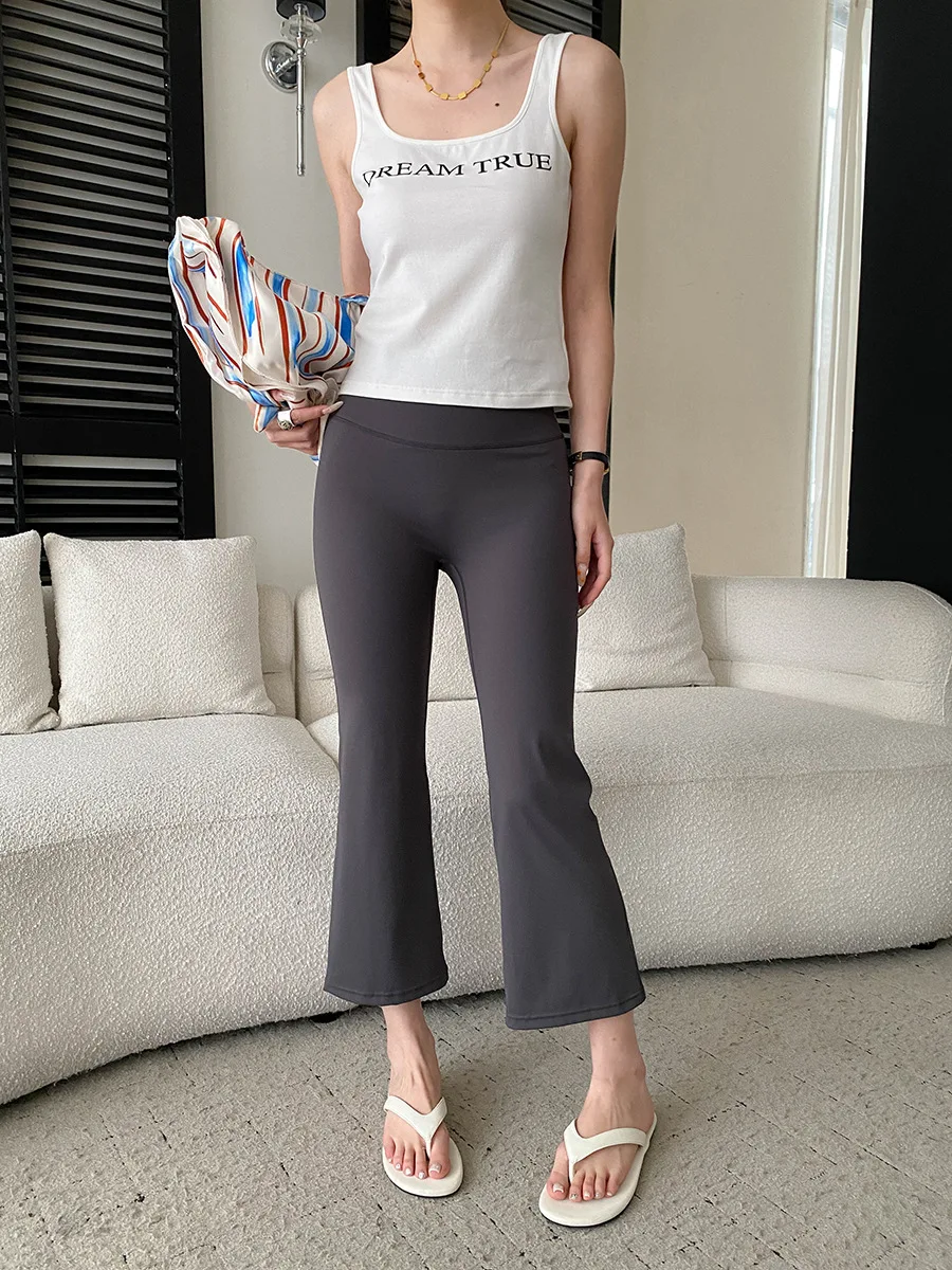 Sommerliche Damen-Yogahose in Uni-Farbe mit hoher Taille, Po-Lifting-Effekt, schmaler Passform, Bambusfaser-Beinen und leicht ausgestelltem Schnitt – Detail 18