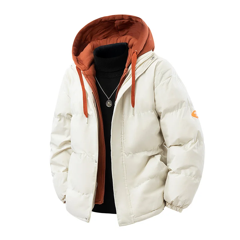 Men's Warm Parkas Casual Cotton-Padded Jacket Winter Men Trendy Fake Two-piece Hooded Bread Cotton-padded Jackets Coats