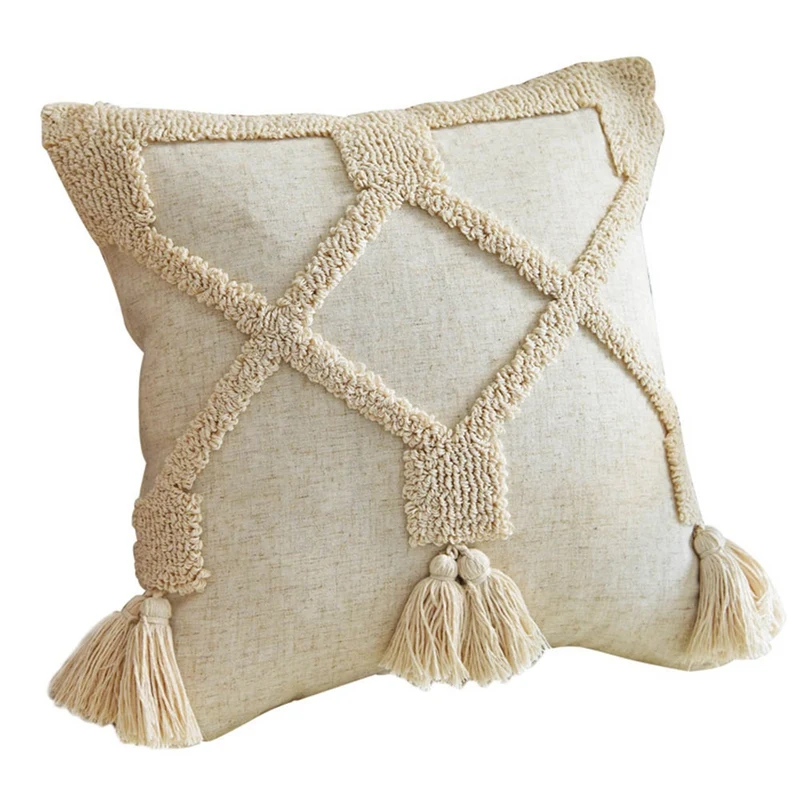 Cotton Cushion Cover Boho Style Tassels Pillow Cover Beige for Home Decoration Neutral Living Room Bedroom A