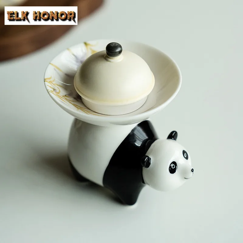 Creative Ceramic Cover Holder Cute Hand-painted Wisteria Flower Panda Lid Stand Tea Pet Fruit Snack Plate Ornament Crafts Gifts