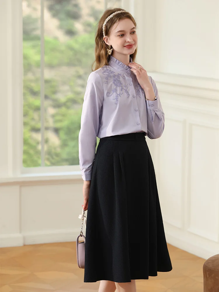 I BELIEVE YOU Purple French Women Shirt 2023 New Autumn Chic Embroidery Stand Collar Long Sleeve Blouse&Shirt Female 2233055342