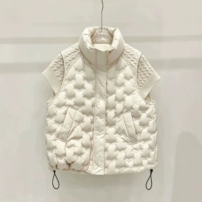 Women Sleeveless Down Vest Autumn Winter New Arrival Knitted Splicing Stand Collar Short Warm Waistcoat Fashion Casual Outerwear