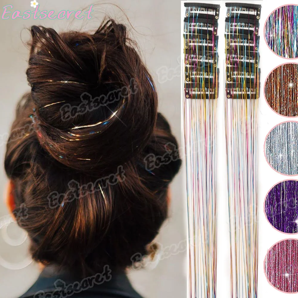 12Pcs Hair Tinsel Clip in 20Inch Glitter Tinsel Hair Extensions Clip in Hair Tinsel Kit Heat Resistant Shiny Sparkle Fairy Hai
