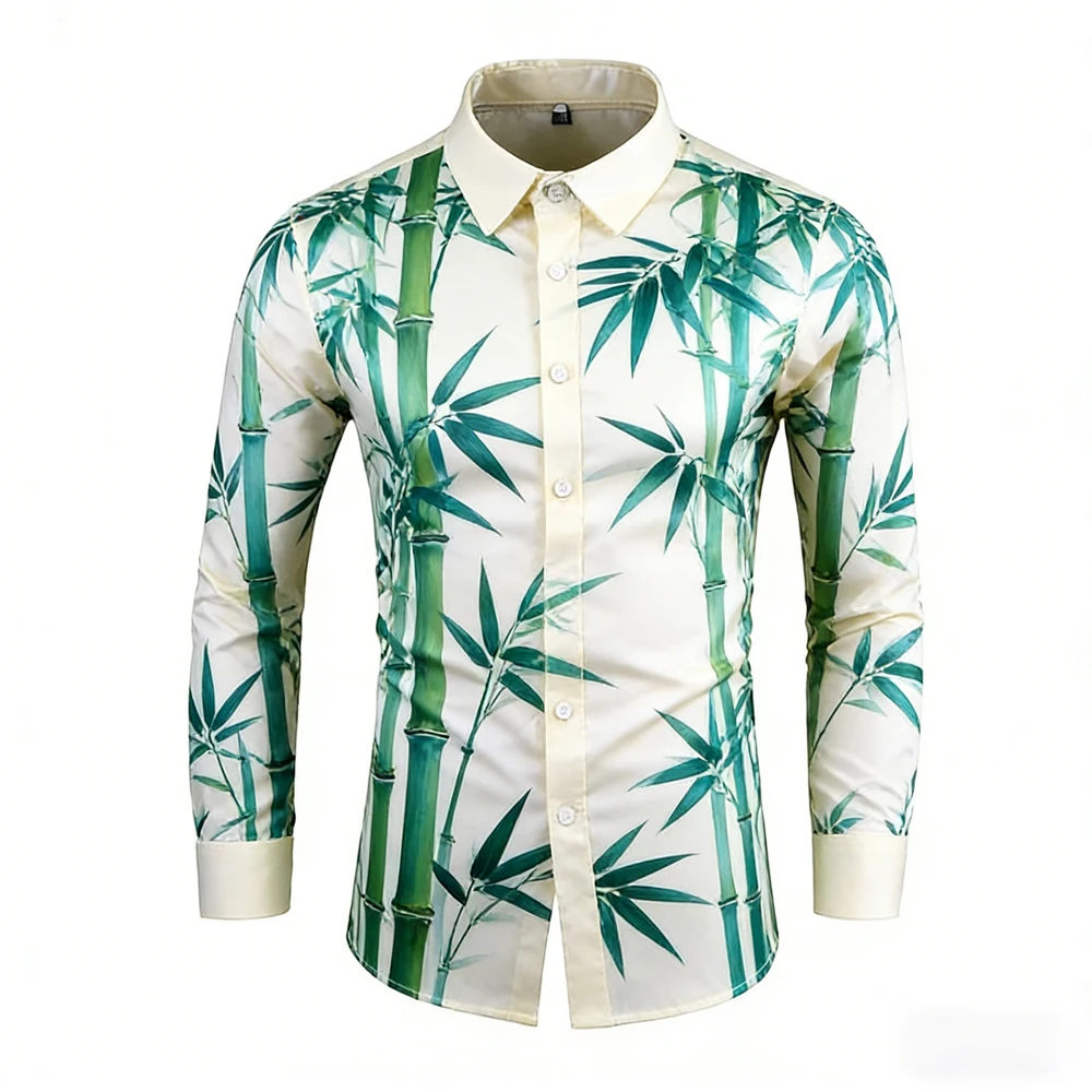 Men's Summer Fashionable Casual Long Sleeve Shirt Natural Plant High Definition Printed Shirt Hawaiian Vacation men's clothing