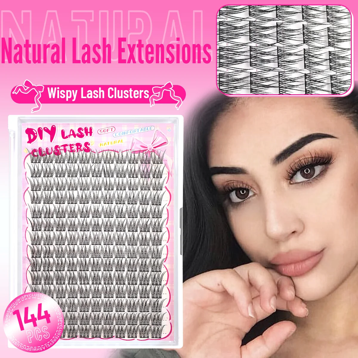 144本入り接着剤不要つけまつげセット、レイヤードフィッシュテールCカール、初心者向け簡単装着、再利用可能なソフトラッシュ