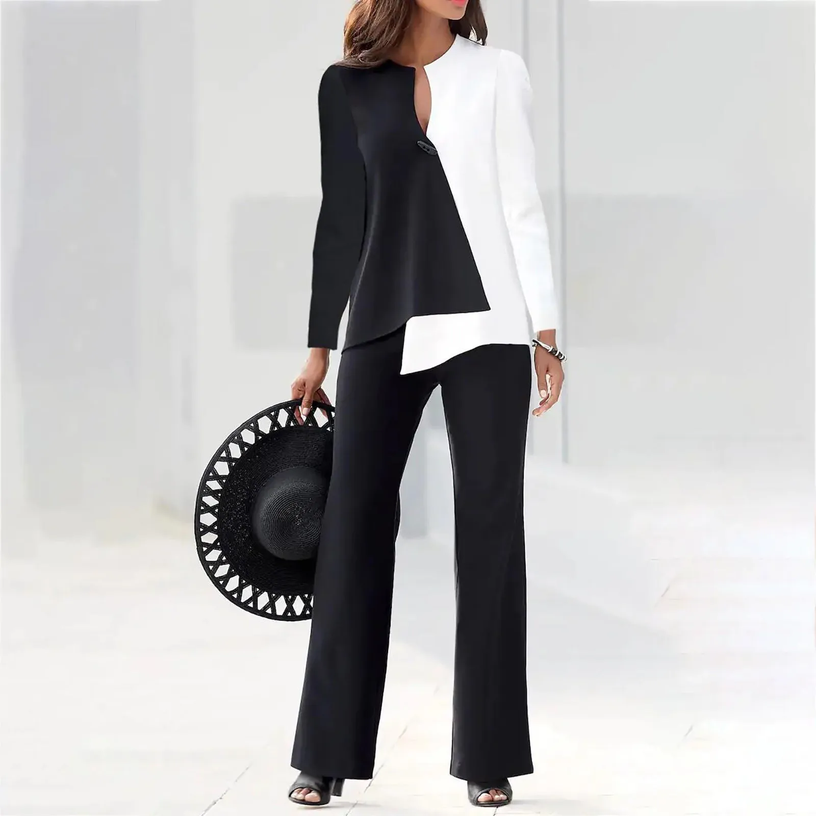 Sexy V Neck Long Sleeve Fashion Office 2-Piece Top Pants Elegant Loose-Fitting Business Suit Office Lady Blazer Set Women