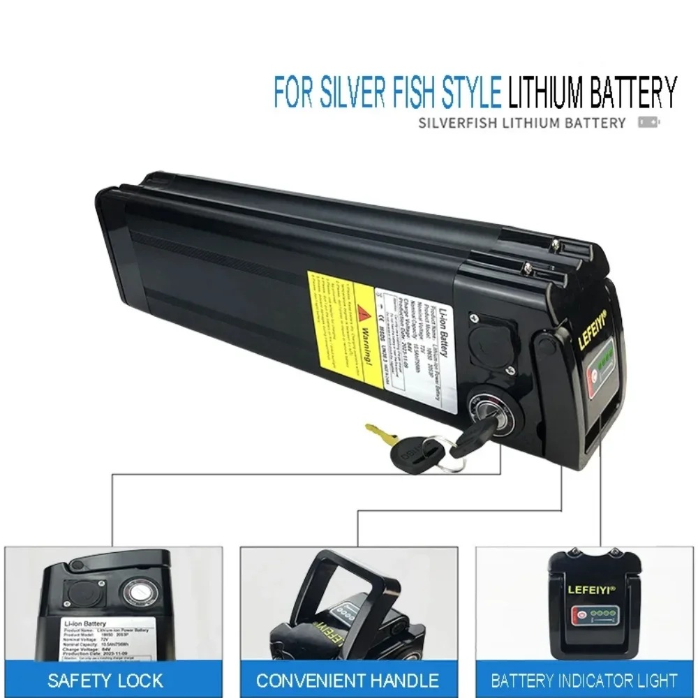 20S3P 72V 15000mAh Lithium ion Battery Pack 18650 15Ah for Silver Fish Style Battery with Aluminum Case Anti-theft Lock