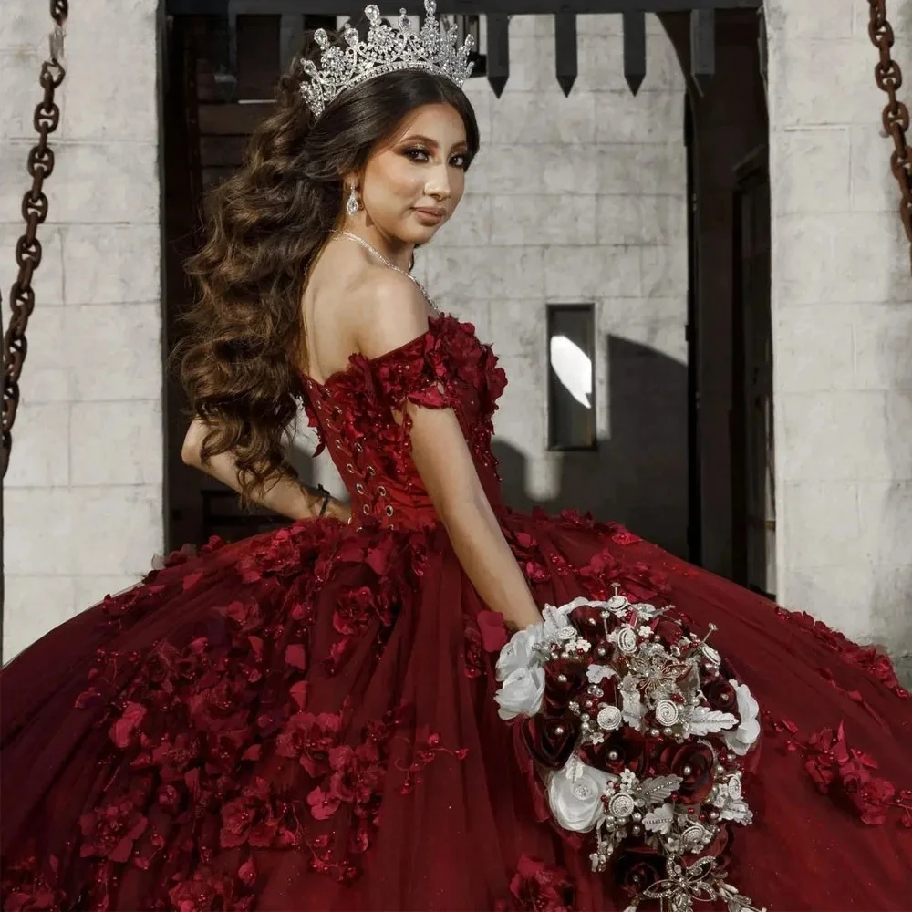 Vestidos de Quinceañera de princesa burdeos, vestido de baile sin hombros, perlas florales, dulces 16, 15 Años, personalizado