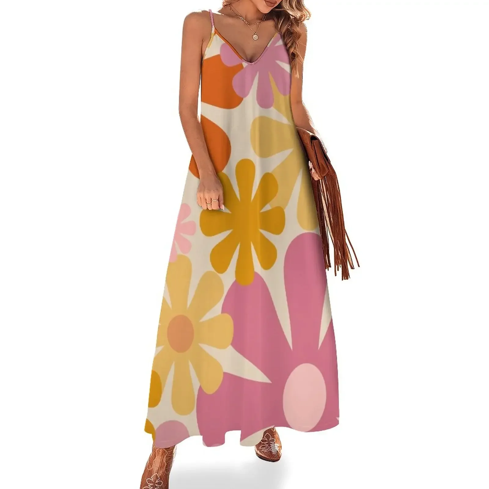 

Retro 60s 70s Flowers - Vintage Style Floral Pattern in Thulian Pink, Orange, Mustard, and Cream Sleeveless Dress Clothing Dress