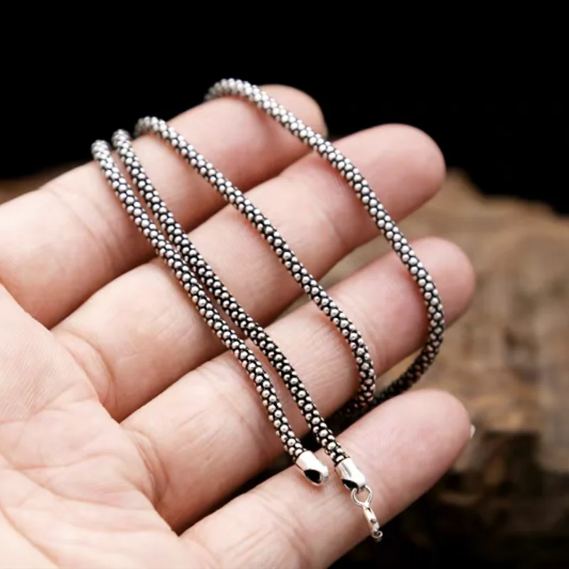 Colar de Milho Real Prata Tailandesa para Homens e Mulheres, S925 Sterling Silver, Cadeia Longa, Pingente Retro, Jóias Masculinas