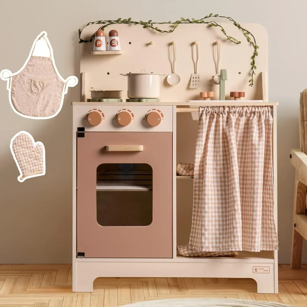 Set da cucina per bambini-Set da cucina in legno rustico, cucina finta con stringa di luce a foglia, grembiule e grovie, bambini 3 +