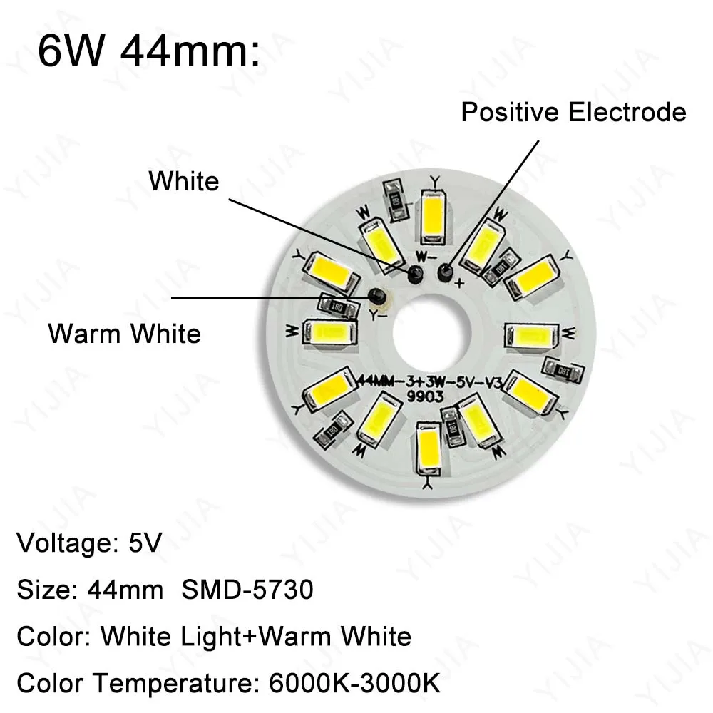 Imagem -03 - Led Smd5730 2835 Chip 3w 6w 10w 5v Branco Quente Lâmpada de Duas Cores Placa de Fonte de Luz Adequada para Holofotes Faça Você Mesmo Downlight 10