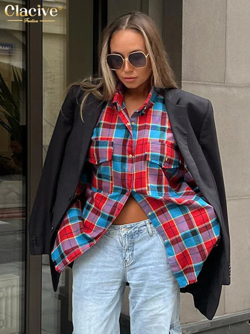 Claacive Fashion Loose Plaid Women'S Blouse 2024 Vintage Lapel Long Sleeve Shirts Elegant Classic Blusas Top Female Clothing