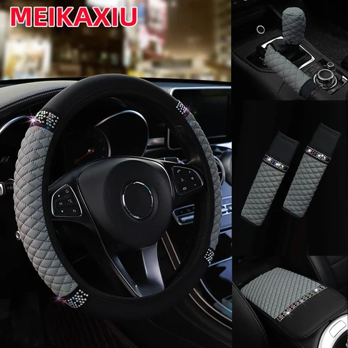 Imagen 2 del producto Protector de freno de mano de cuero PU con tachuelas de diamantes, cubierta de cambio de marchas para volante de coche con reposabrazos bordado, Protector de hombro, 6 uds.