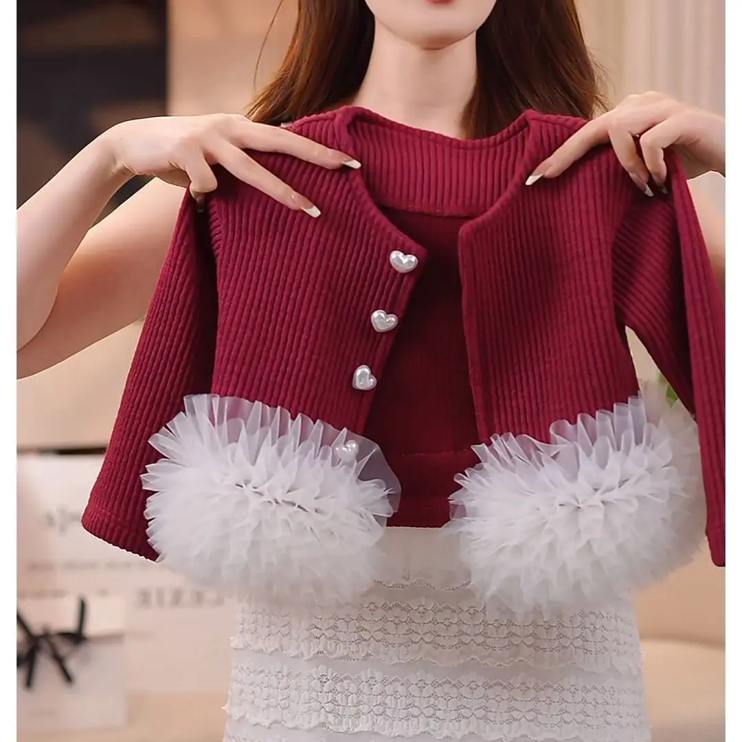 

2025 Spring and Autumn New Girls Knitted Sweater Patchwork Fluffy Girls Coat Autumn Cardigan Top Versatile