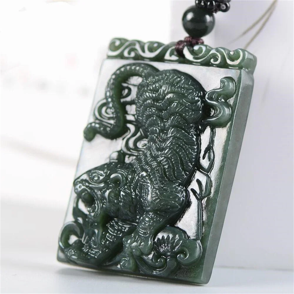 Natural Dark Green HeTian Jade Carved Chinese Zodiac Tiger Lucky Jade Pendant Amulet Necklace for Man Vintage Gift Jewelry