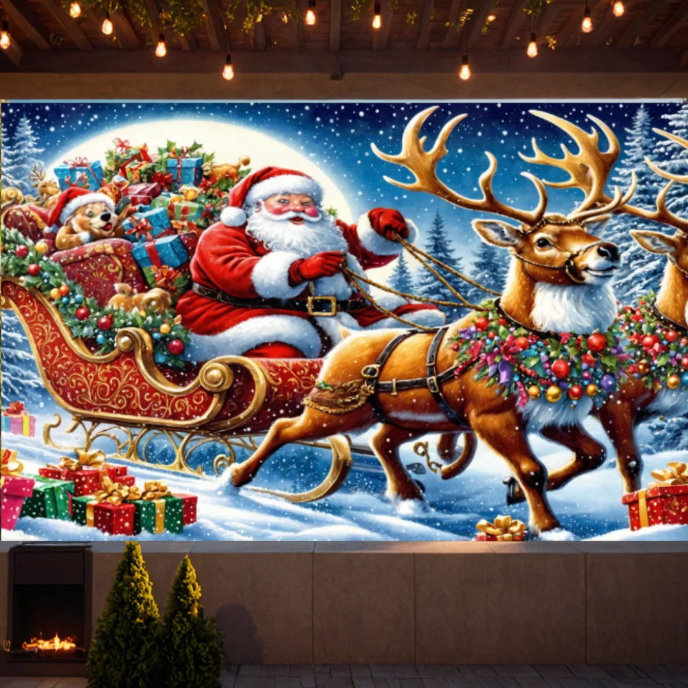 Christmas Banner Santa Sleigh Deer Large Merry Christmas Banner Backdrop Hanging Banner for Indoor Outdoor Party Decoration