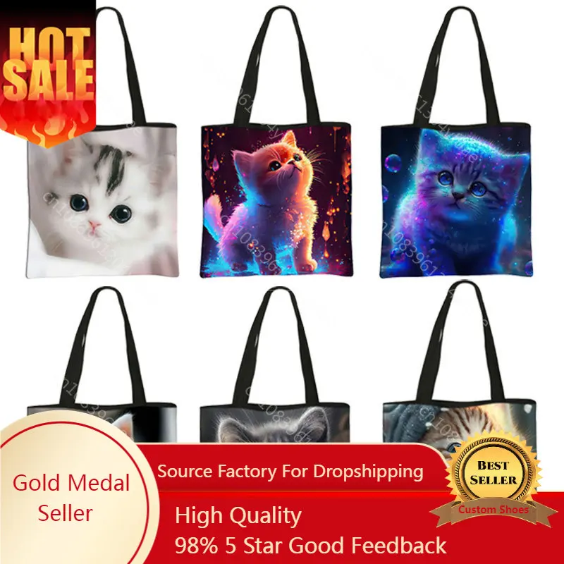 Cute Cat Print Tote Bag Kitten Shopping Bag Felinae/Siamese Cat Handbag Shoulder Large Capacity Totes Shopper Bag