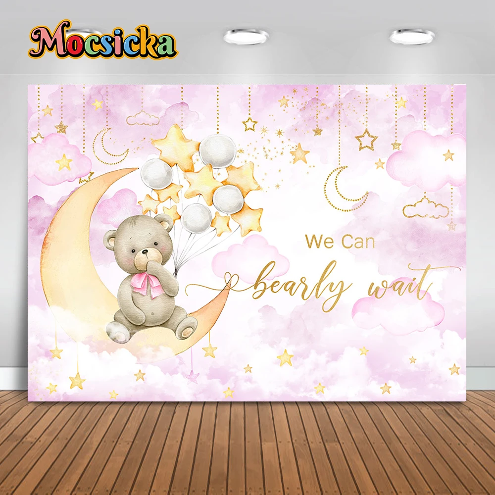 Twinkle Twinkle bintang kecil fotografi bayi Shower latar belakang mainan bulan beruang bintang merah muda awan latar belakang pesta ulang tahun properti foto