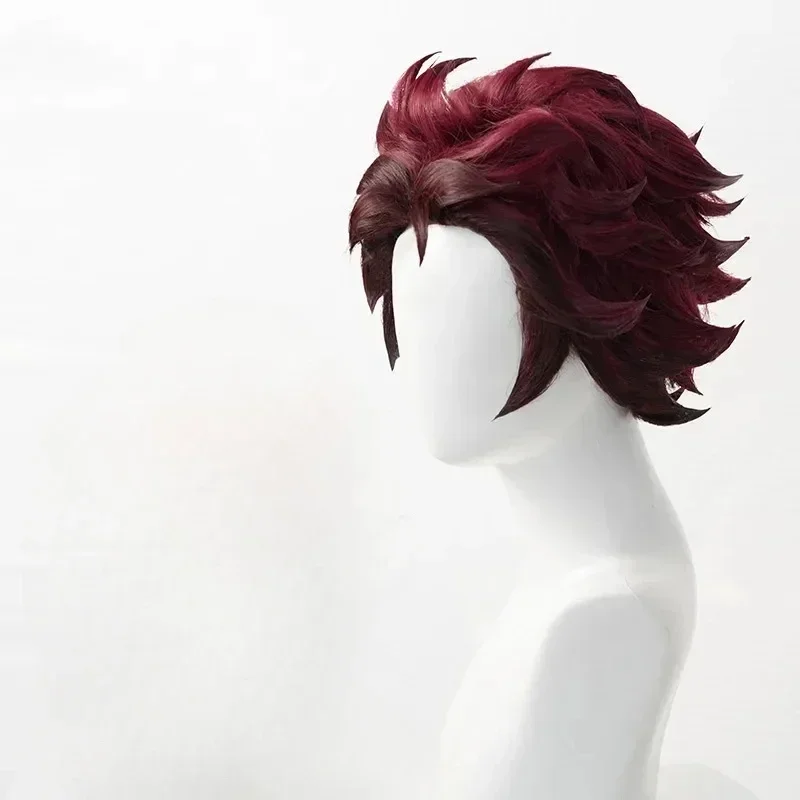 Peluca de Cosplay de Anime Kimetsu no Yaiba Tanjiro Kamado, pelo corto marrón castaño resistente al calor, pelucas o pendientes para Halloween
