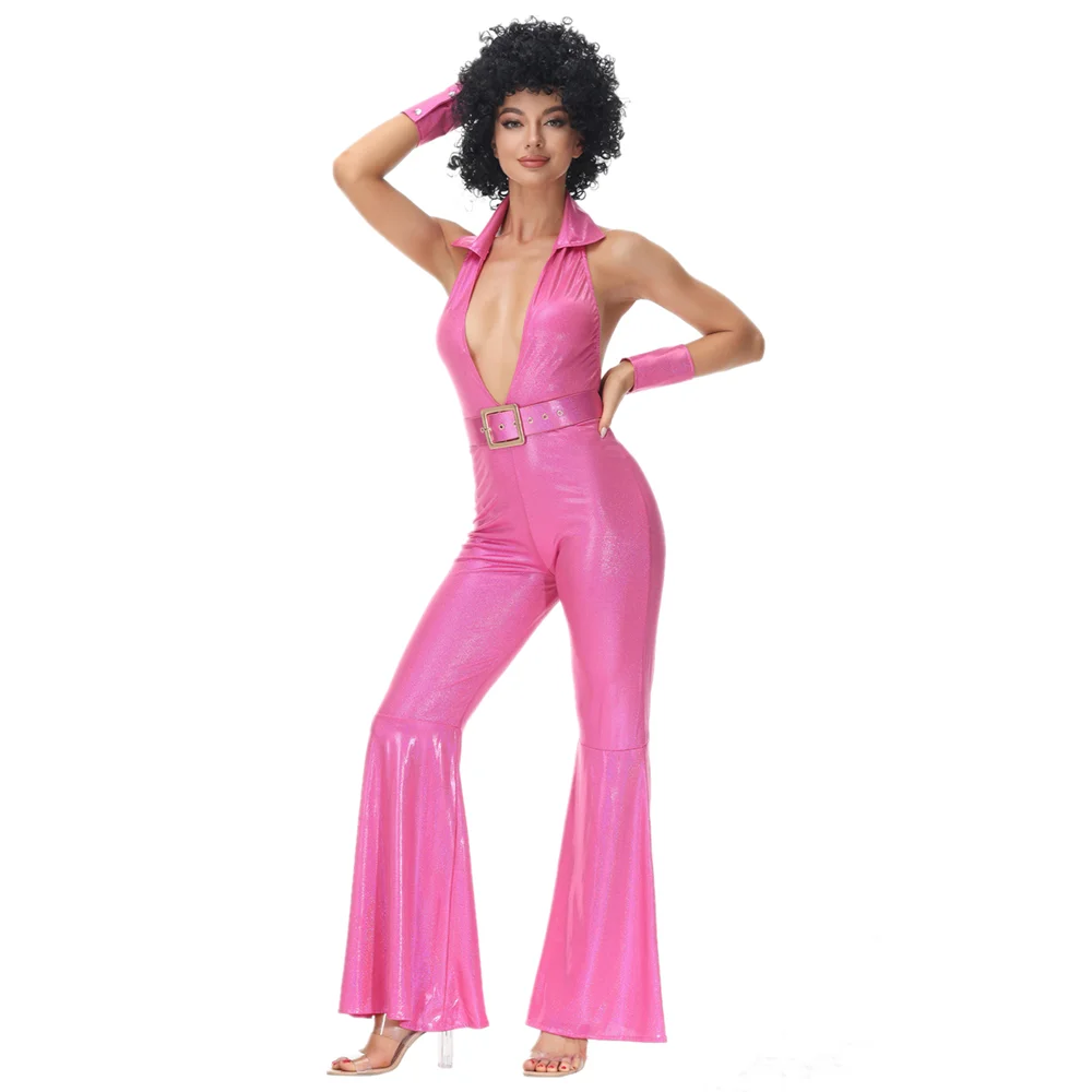 Women Sexy Vintage 70s 80s Hippie Costume Cosplay Jumpsuit Suit Halloween Retro Disco Enthusiast Fancy Dress