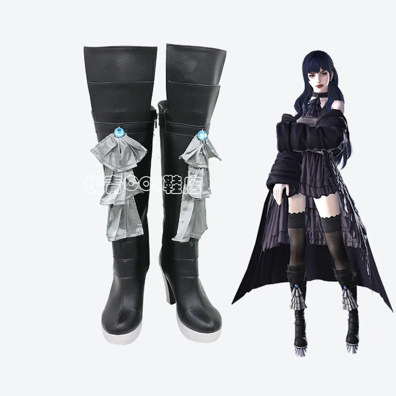 Final Fantasy XIV 14 Cosplay FF14 FFXIV Gaia Shoes Wig 80cm Long Navy Blue Curly Bangs Heat Resistant Synthetic Hair + Wig Cap