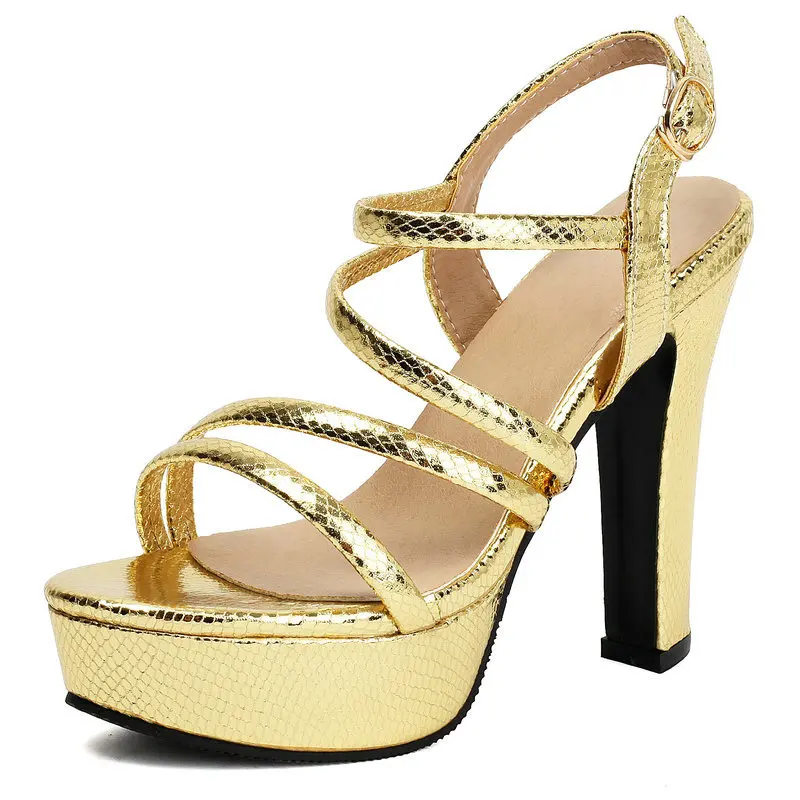 

Shiny Sparkle Bling Bling Gold Silver Open Toe Strap Sexy Women Summer Shoes Thick High Heels Platform Party Wedding Sandals