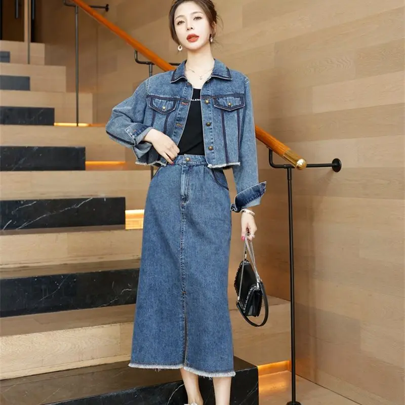 Denim Skirt Suit Women's Short Coat With Long Skirt 2023 Spring Autumn New Loose Everything Fashion Senior Sense Two-piece Set X