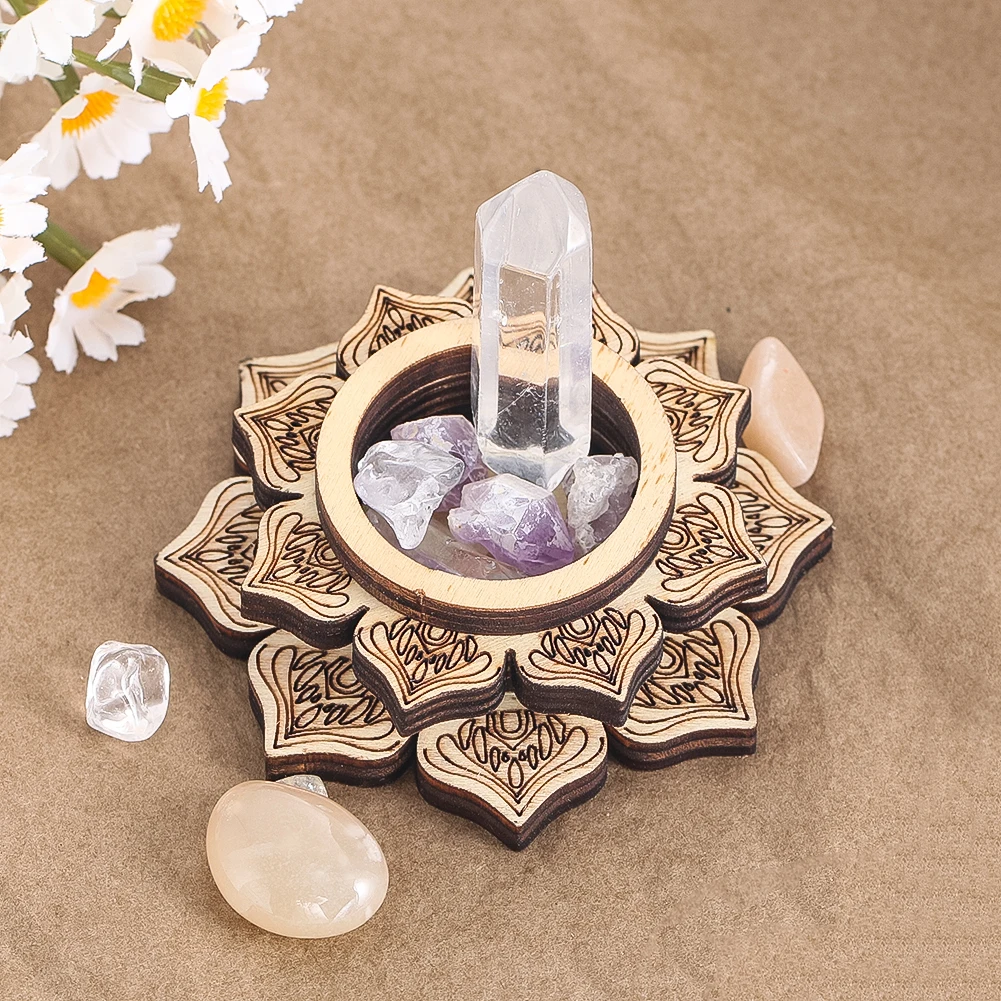 

Wooden Lotus Display Holder Sphere Globe Crystal Ball Stone 3D Mandala Stand Base Tealight Candle Holder Meditation Home Decor