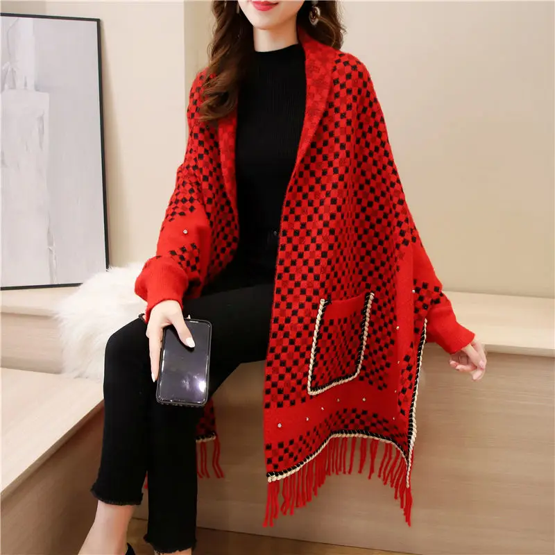 

Poncho female autumn and winter plaid shawl scarf tassel with sleeve imitation mink cashmere cloak casual wedding coat women