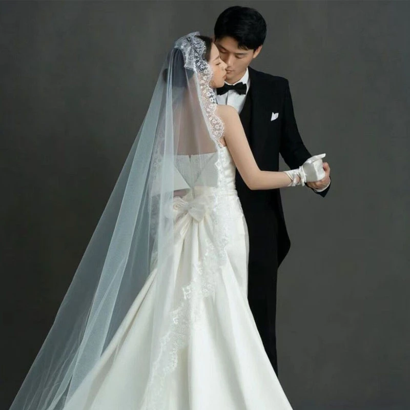 New Arrival Cathedral Length Bridal Veil 1 Layer Soft Lace Veil New Pattern for Bride Wedding Real Photo