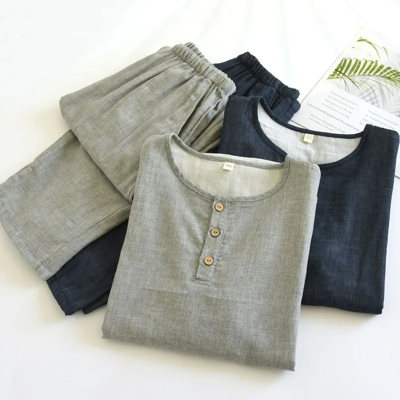 2027 New Spring and Autumn Men's Pajama Set 100% Cotton Solid Color Round Neck Long Sleeve Long Pants Home Clothes Two Piece Set