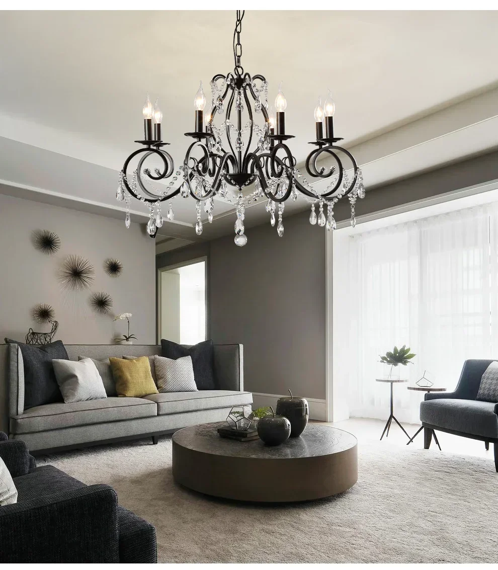 Lámpara de araña de cristal negro, 6 luces, elegante, accesorio de iluminación de techo de hierro y cristal para dormitorio, granja