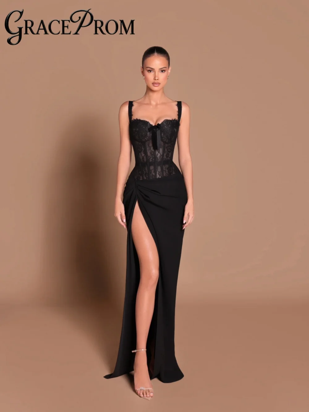 

Black Lace Straight Long Evening Dress Sexy Thin Straps High Slit Formal Party Gown New Customized Fashionable Banquet Gowns