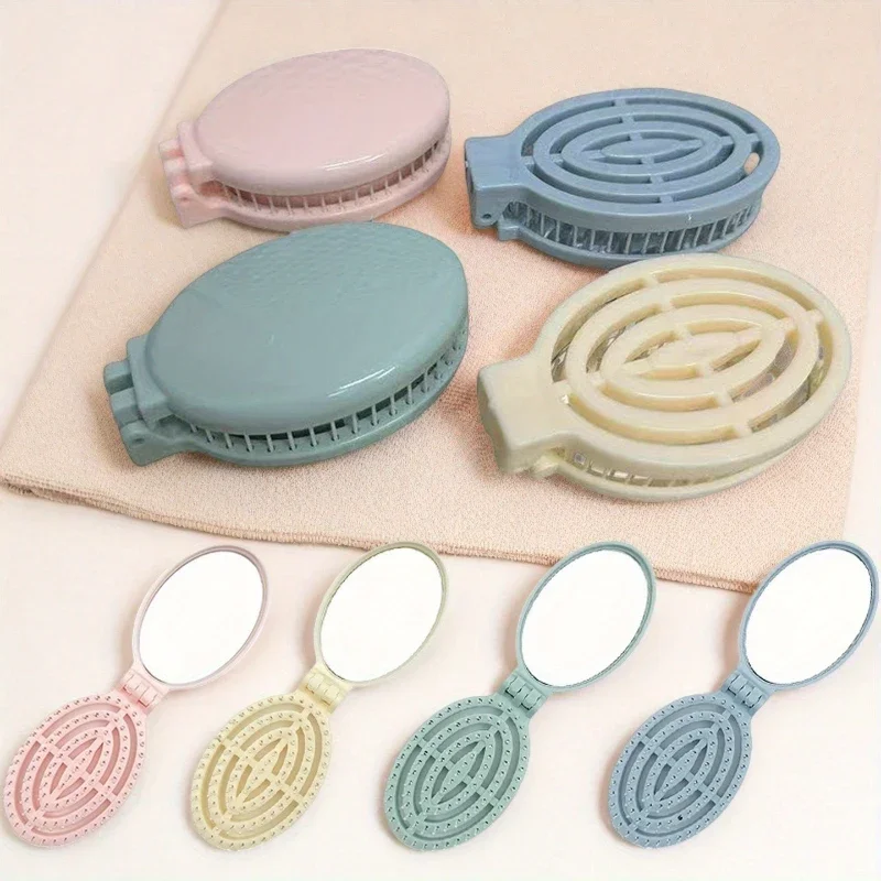 折りたたみ式トラベルヘアブラシ ミラー付き ポータブル折りたたみポケットヘアブラシ ミニヘアコーム コンパクトサイズ ヘアマッサージコーム