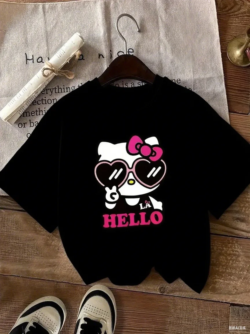 

Прохладная хлопковая футболка Hello Kitty Peace Sign Модная брендовая футболка из чистого хлопка с принтом Футболка унисекс с коротким рукавом и круглым вырезом Универсальная