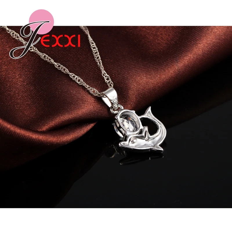 Fast Shipping Pretty CZ Cubic Zirconia Jewelry Set 925 Sterling Silver Romantic Dolphin Pendant Necklace & Earrings Set