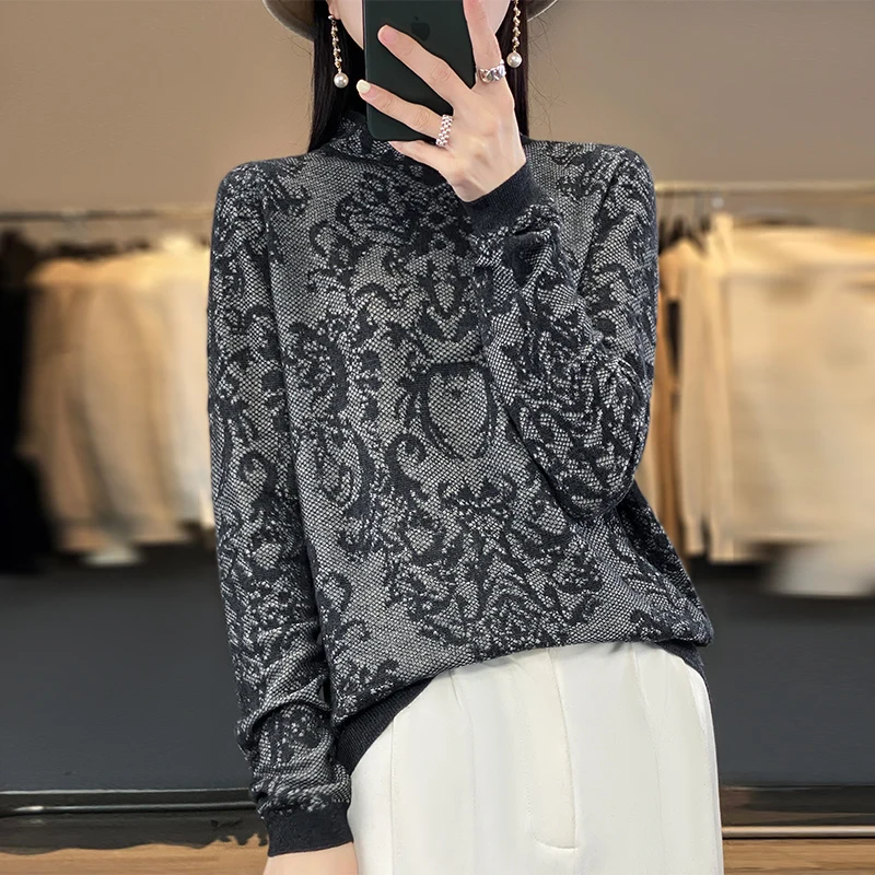 Spring/Summer Hollow Out Pure Wool Knitted Sweater T-shirt Women\'s Thin Fashion Long Sleeve Half High Neck Elegant and UniqueTop