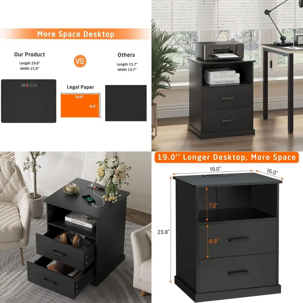 

Large Storage Nightstand with Charging Station, Open Cubby, and Wider Tabletop - 19x15 inches