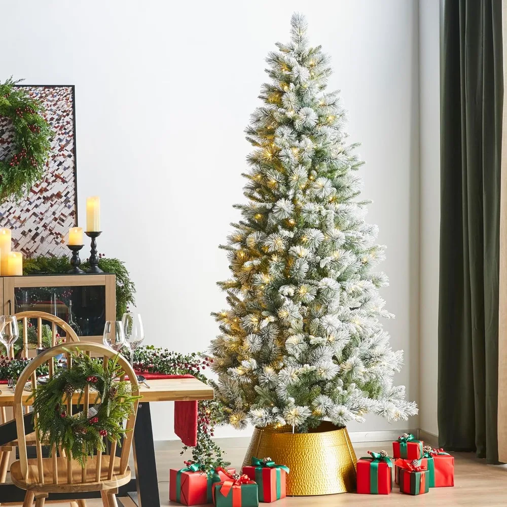 

7.5ft Pre-Lit Artificial Christmas Tree, Snow Flocked Full Slim Pine Xmas Trees Vibrant Ascend Evergreen with 350 Warm